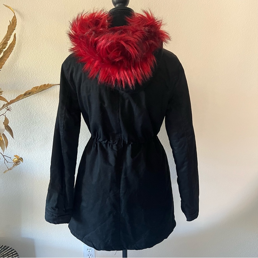 Y2K Rue 21 Black Floral Roses Embroidered Coat w Red Fur lined hood - Picture 5 of 16